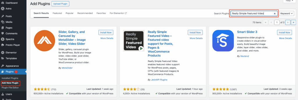 WordPress Add New Plugin Dashboard and search Really Simple Featured Video Plugin in Search bar