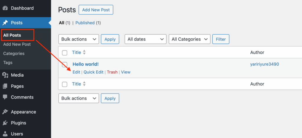 WordPress dashboard all posts and select post to edit